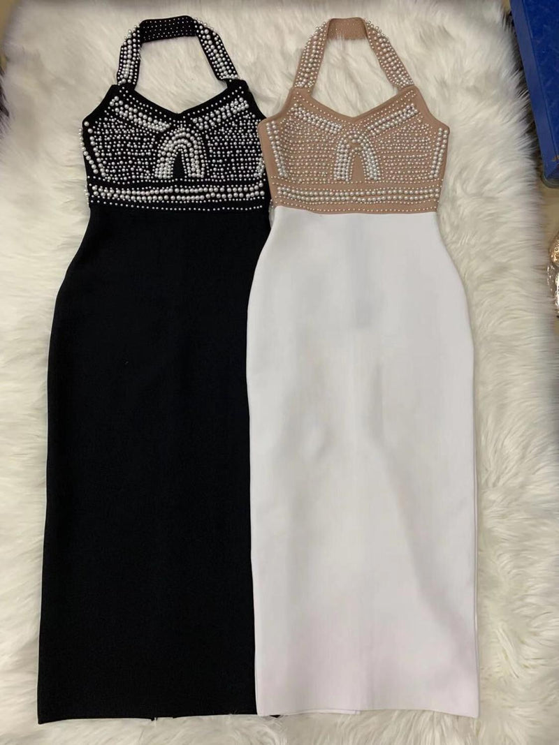 High Quality Khaki Black Mantual Beading Rayon Bandage Dress Elegant Cocktail Party Dress Vestidos - Sabreeonline