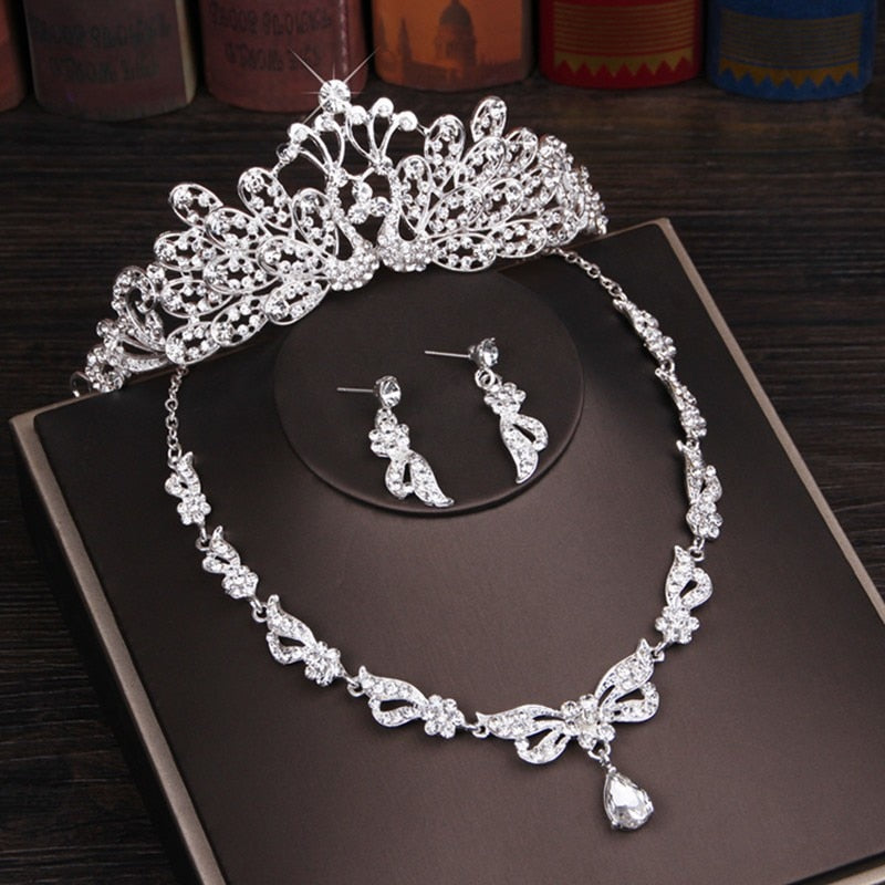 Crystal Butterfly Bridal Jewelry Sets Necklace Earring Tiara Set Wedding Hair Ornaments - Sabreeonline