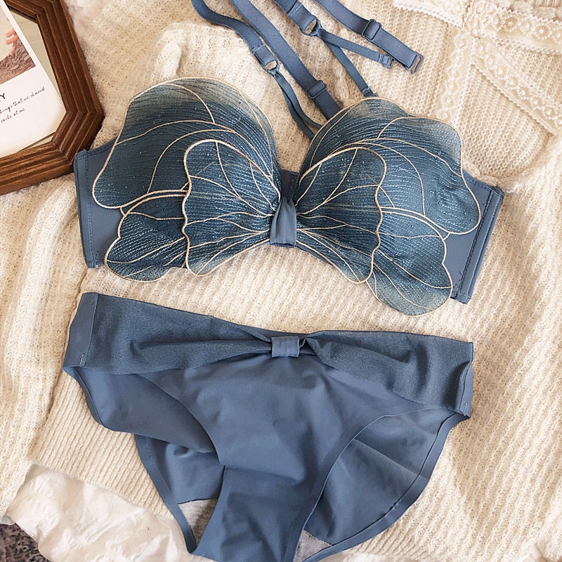 Wriufred Gathered bowknot embroidered bra set mesh gauze no steel ring sexy half-cup pull-up underwear set sexy lingerie - Sabreeonline