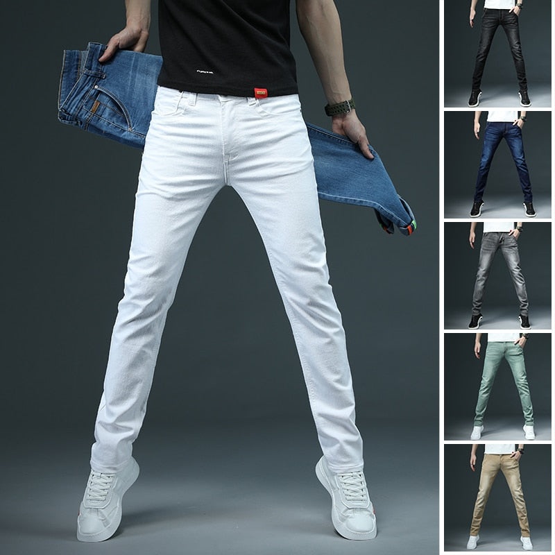 2022 New Men&#39;s Skinny White Jeans Fashion Casual Elastic Cotton Slim Denim Pants Male Brand Clothing Black Gray Khaki - Sabreeonline