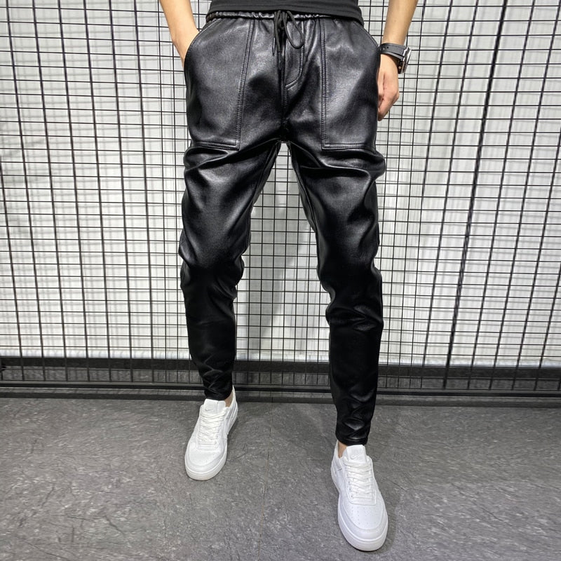 New Winter Thick Warm PU Leather Pants Men Clothing 2023 Simple Big Pocket Windproof Casual Motorcycle Trousers Black Plus Size - Sabreeonline
