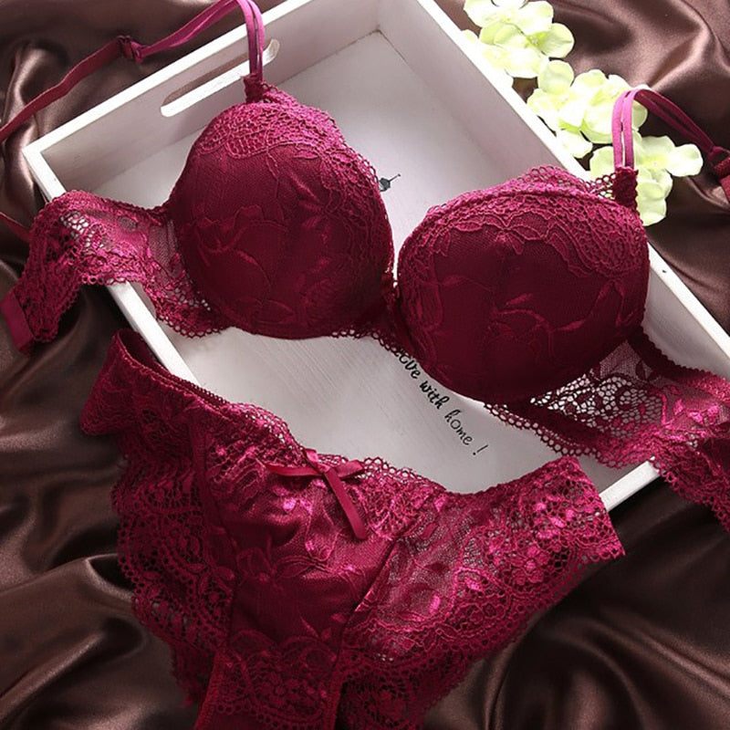 European Style Sexy Bra Set Women Cotton Underwear Sexy Lace Panties Female Push Up Brassiere Fashion Solid Color Lingerie Set - Sabreeonline