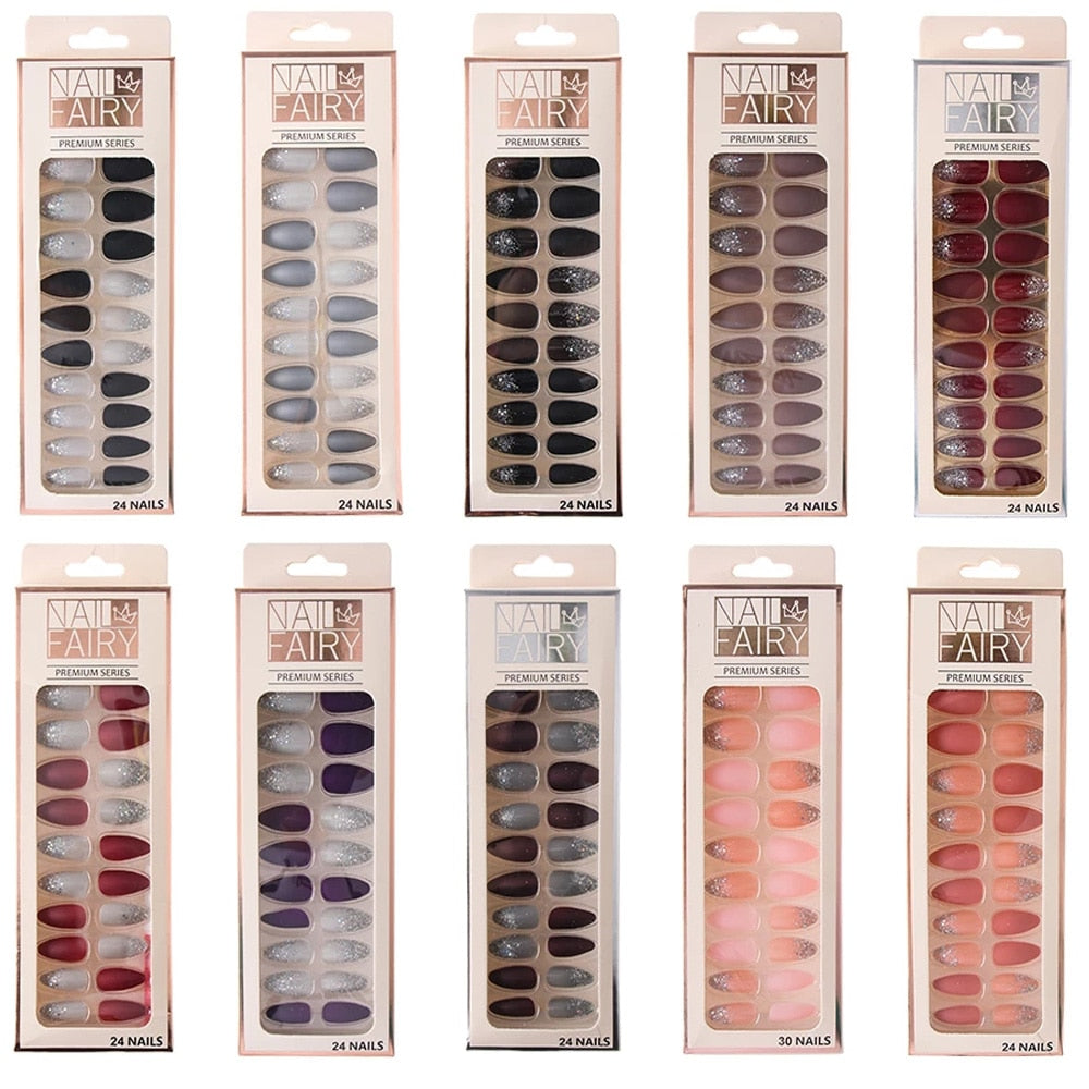 Set Shiny Matte Nail Tips with Designs Reusable Press - Sabreeonline