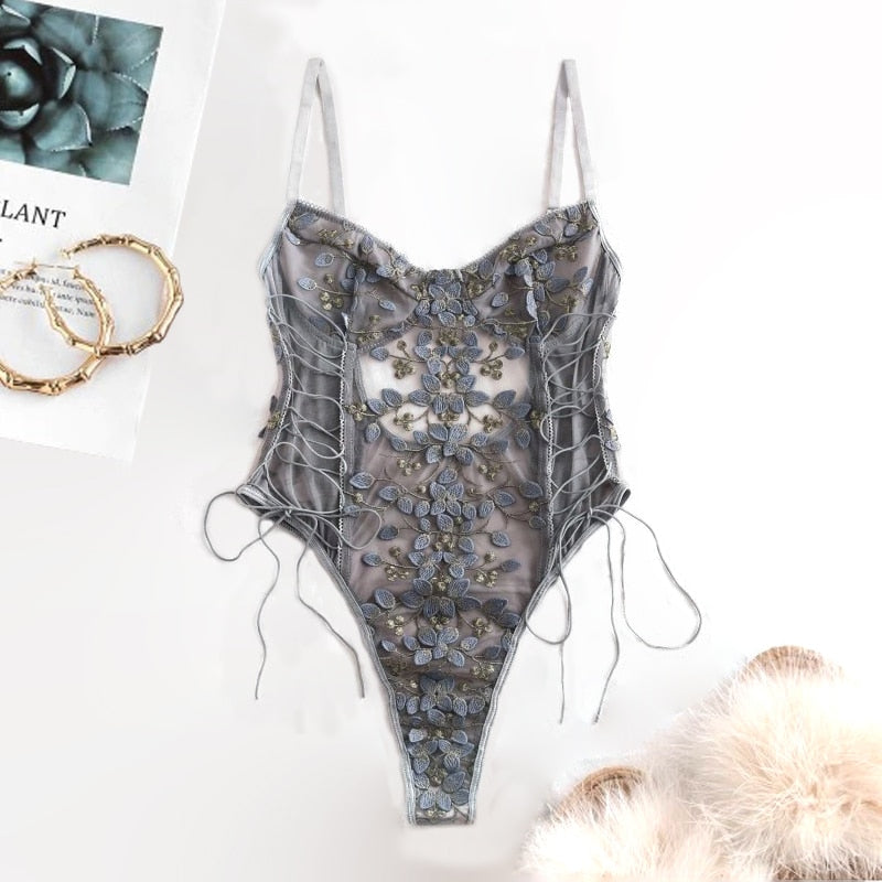 Women Teddy lingerie Sexy Underwear Erotic Corset Lace Mesh Sleepwear Nightwear  Embroidered strap one-piece sexy pajamas - Sabreeonline