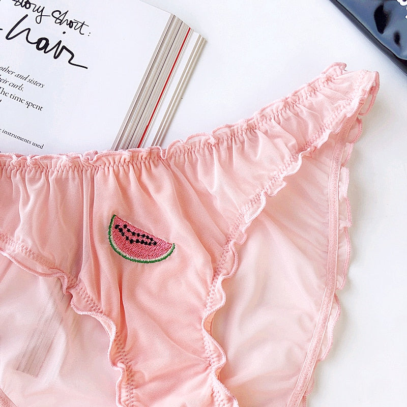 S-XXL Women Sexy Panties Lace Underpants Low-waist Panties Fruit Embroidery Perspective Briefs Female Hot Underwear Lingerie - Sabreeonline