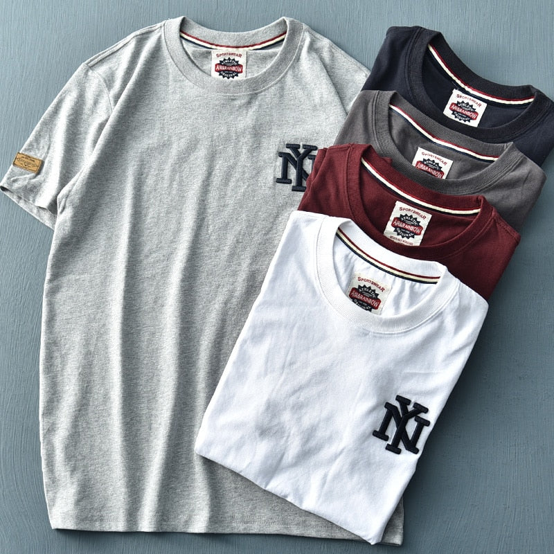 Summer American Style Short Sleeve O-neck Solid Color Embroidered T-shirt Men's Fashion Simple Pure Cotton Washed Old Casual Top - Sabreeonline