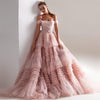 Dusty Pink Long Sweetheart Crumpled Tulle Ruffles Dress - Sabreeonline