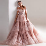 Dusty Pink Long Sweetheart Crumpled Tulle Ruffles Dress - Sabreeonline