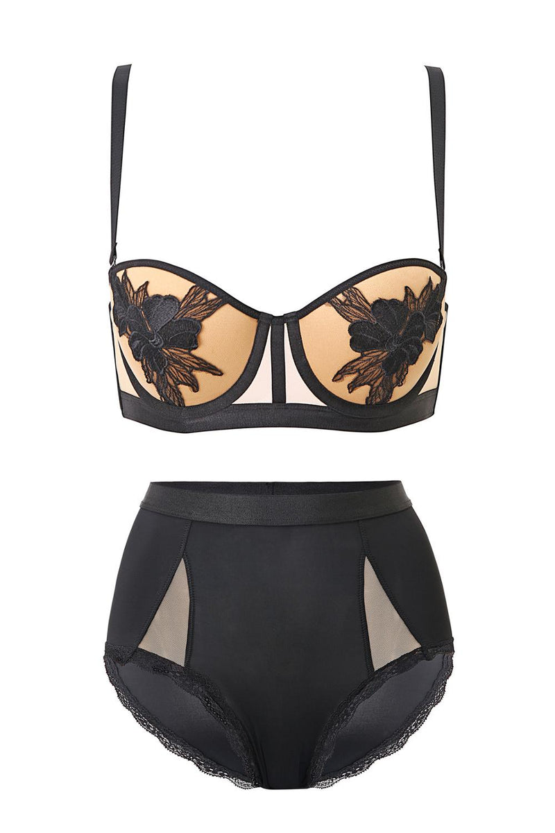Iris flower lace applique retro bra set sexy bottoming strap bodysuit embroidered siamese underwear gathered lingerie panties - Sabreeonline
