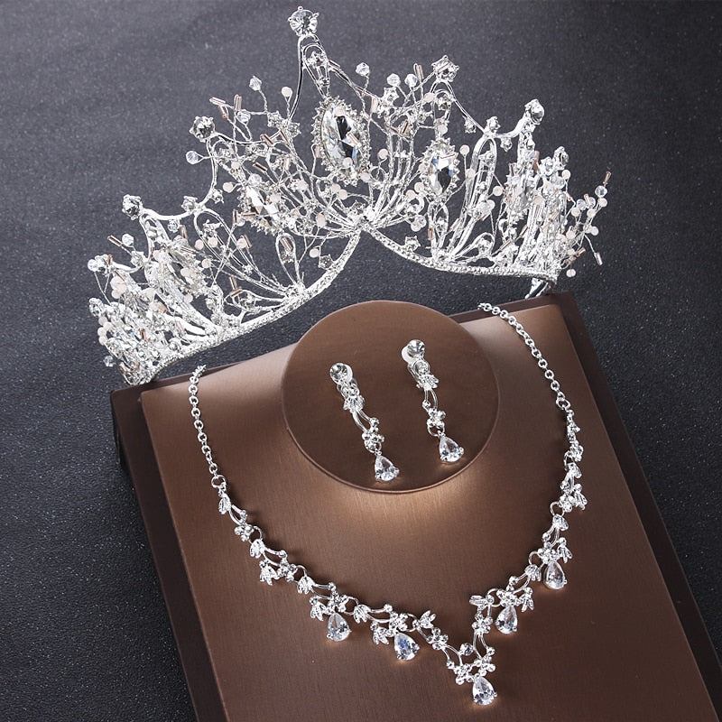 Luxury Heart Crystal Bridal Jewelry Sets Wedding Cubic Zircon Crown Tiaras Earring Choker Necklace Set - Sabreeonline