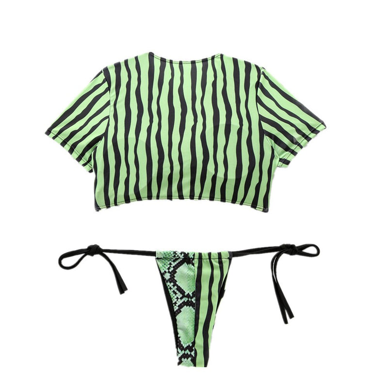 Swimwear Women Short Cap Sleeve Snake Print Bikini 2020 Female Swimsuit Stripe Two Pieces String Thong Biquini Set Bathing Suit - Sabreeonline