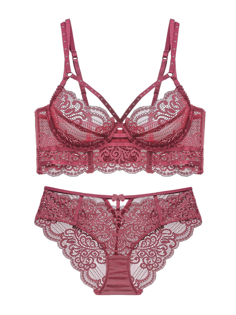 Retro charming red one-piece underwear women confused lace rivet gathered bra bridal wedding suit bodysuit lingerie sets - Sabreeonline
