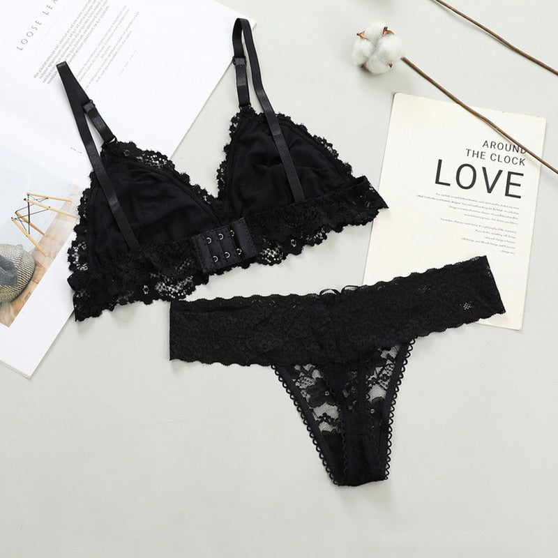 Women Lace Bra Briefs Set Sexy Wire Free Lingerie Hollow Out G-String Bra Set Female Transparent Seamless Intimate Underwear Set - Sabreeonline