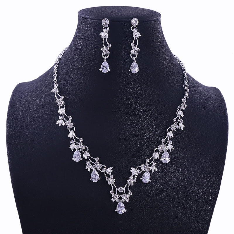 Luxury Sliver Plated Rhinestone Crystal Faux Pearl Necklace Earrings Jewelry Set for Bride Wedding - Sabreeonline