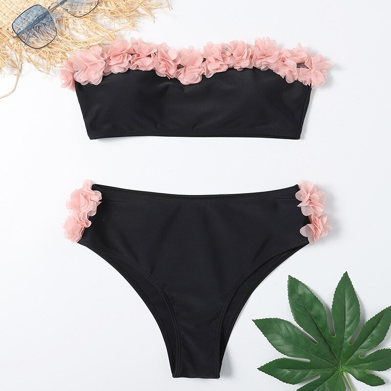 Woman Two Piece Strapless Bikini Swimsuit Solid Swimwear Sexy 3D Flowers Bikini Set High Waist Push up Biquini - Sabreeonline