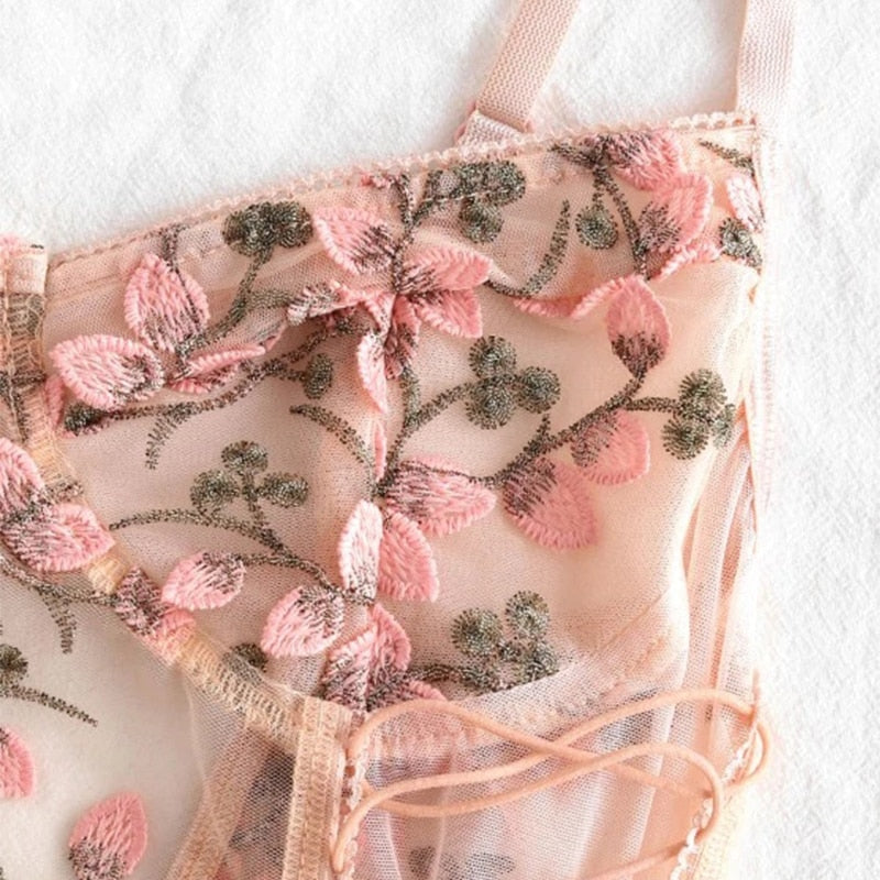 Women Teddy lingerie Sexy Underwear Erotic Corset Lace Mesh Sleepwear Nightwear  Embroidered strap one-piece sexy pajamas - Sabreeonline