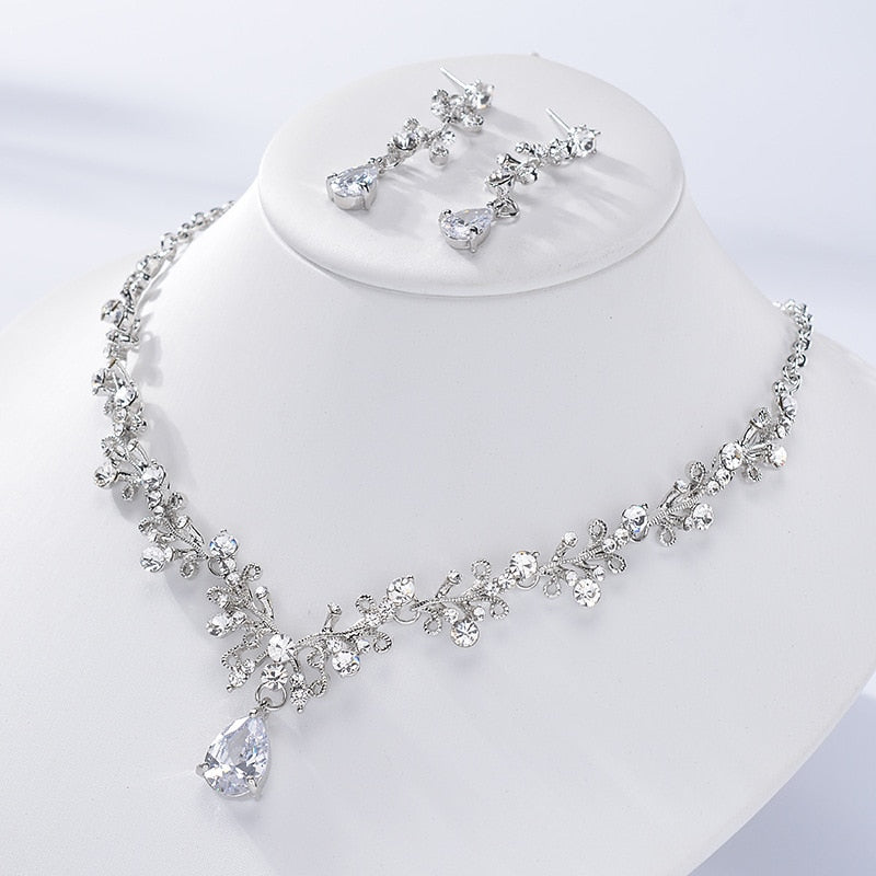 Crystal Gold Tiara Crown Earrings Necklace Wedding Bride Luxury Jewelry Set - Sabreeonline