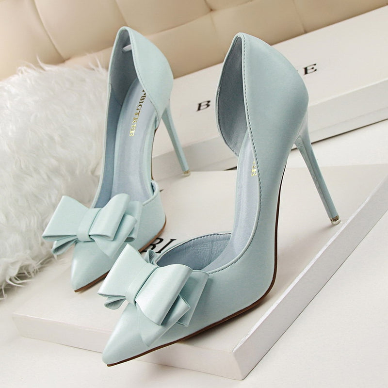 Korean Fashion Women&#39;s Shoes Wedding Bow High Heels Stiletto Heels Shallow Pointed Head Side Empty Thin Shoes