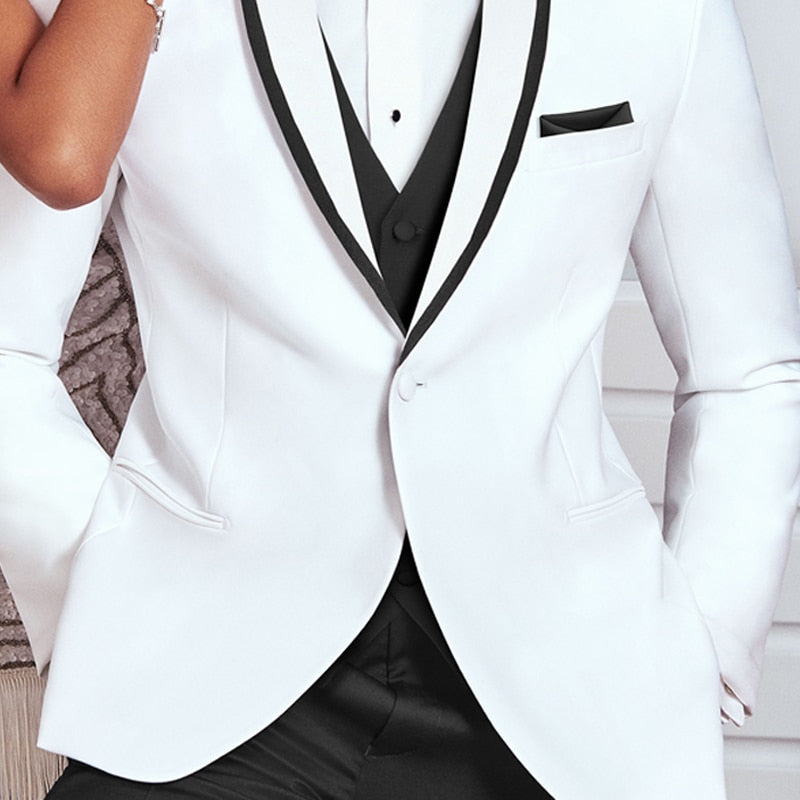 White and Black Tuxedo for Groom 3 Piece Slim Fit - Sabreeonline