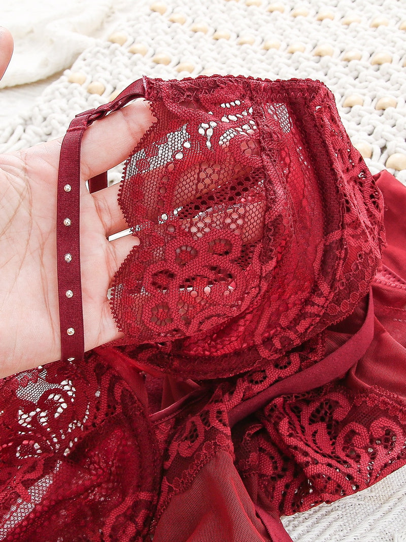 Retro charming red one-piece underwear women confused lace rivet gathered bra bridal wedding suit bodysuit lingerie sets - Sabreeonline