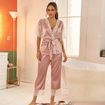 Belted Satin Top Long Pants Sleepwear Pajamas Set