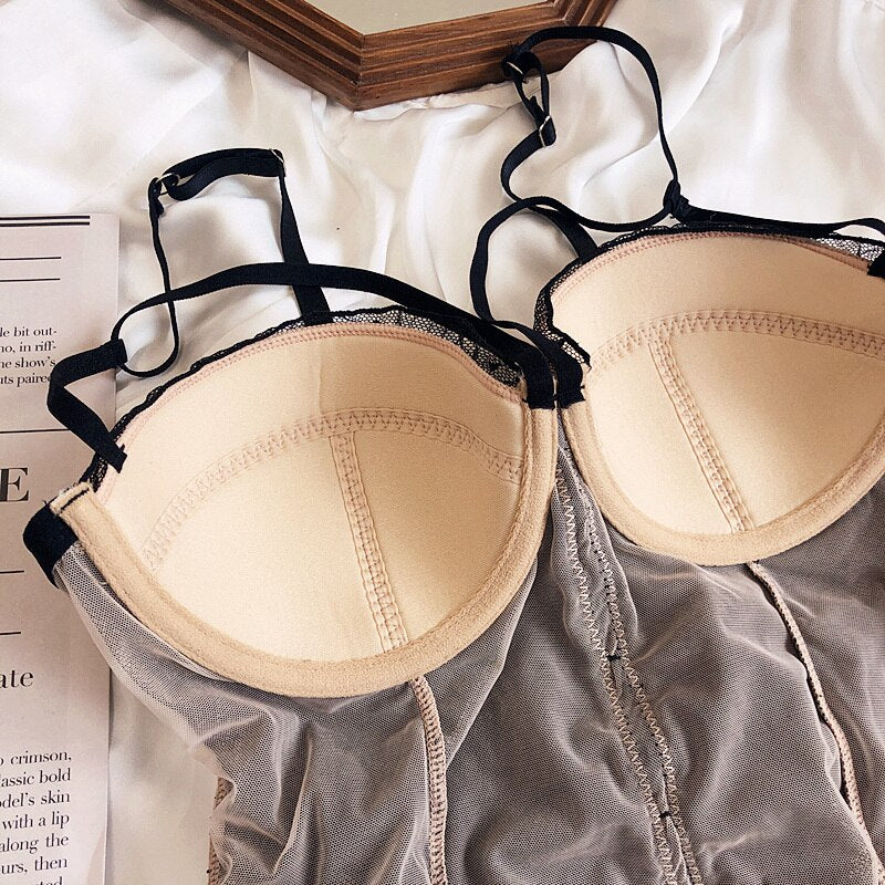 Polka dot lace sexy one-piece underwear set thin section big breasts show small gather bra perspective hot lingerie bodysuit - Sabreeonline