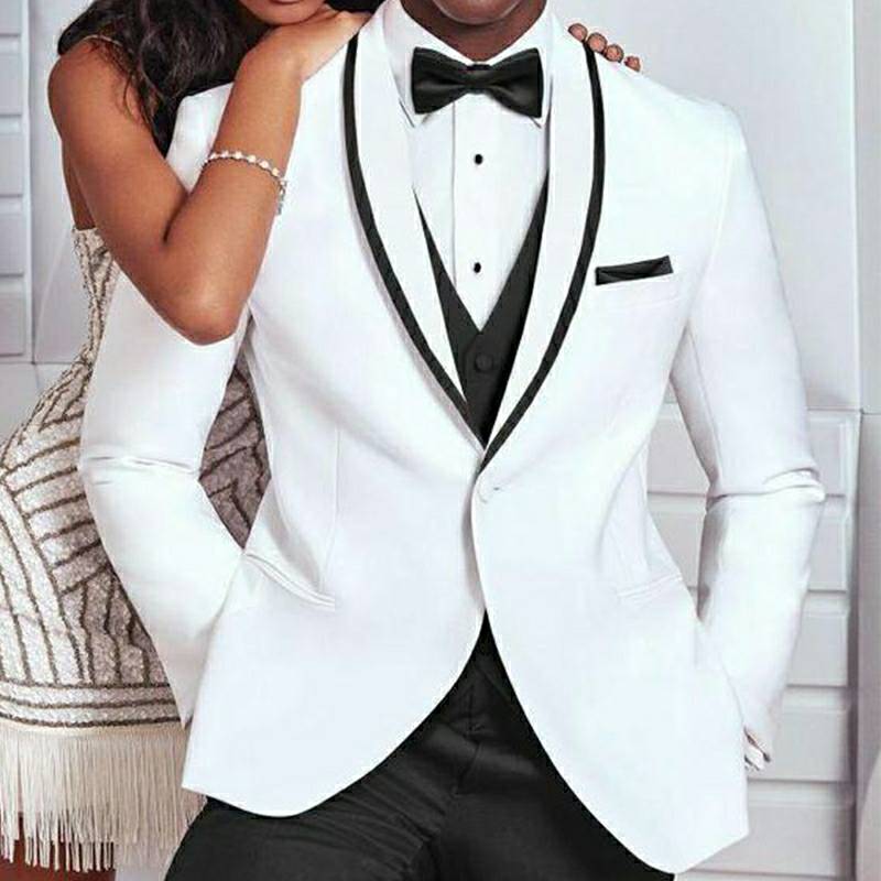 White and Black Tuxedo for Groom 3 Piece Slim Fit - Sabreeonline
