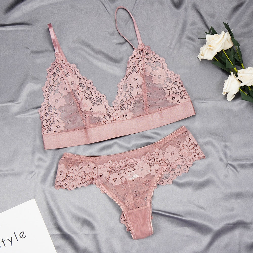 Women Lace Bra Sets Seamless Underwear Transparent Backless Ultra-Thin Unline Lingerie Floral Soft Comfortable Bra Thong Set - Sabreeonline