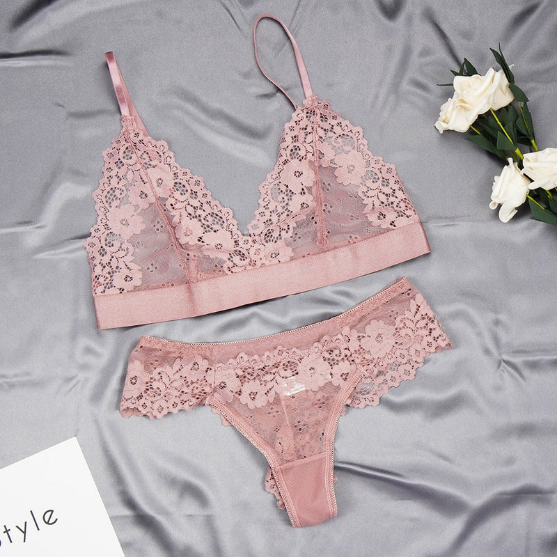 Women Lace Bra Sets Seamless Underwear Transparent Backless Ultra-Thin Unline Lingerie Floral Soft Comfortable Bra Thong Set - Sabreeonline