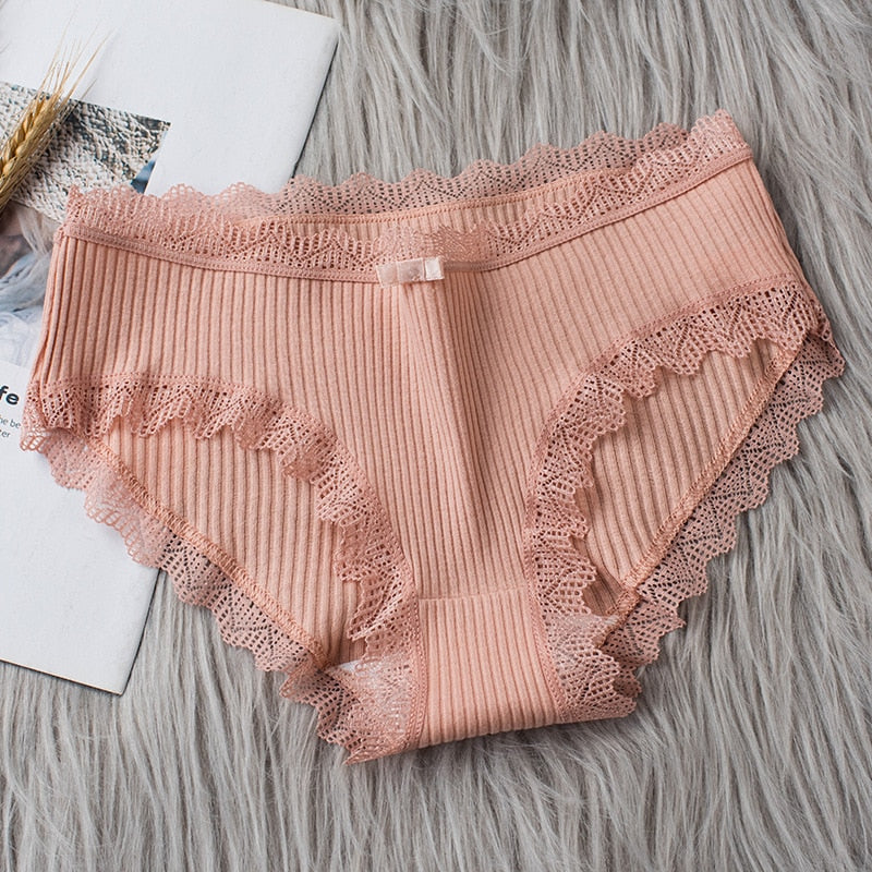 Women's Seamless Cotton Underwear Sexy Low Waist Lace Ruffle Briefs Solid Color Stretch Underpants Breathable Intimates Lingerie - Sabreeonline
