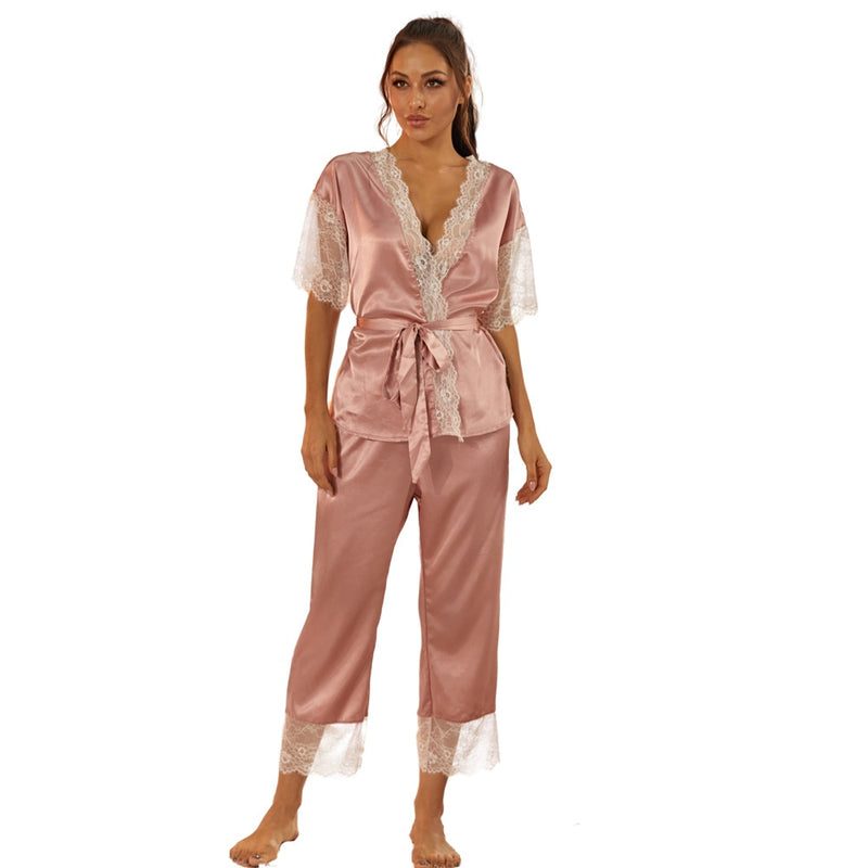 Belted Satin Top Long Pants Sleepwear Pajamas Set