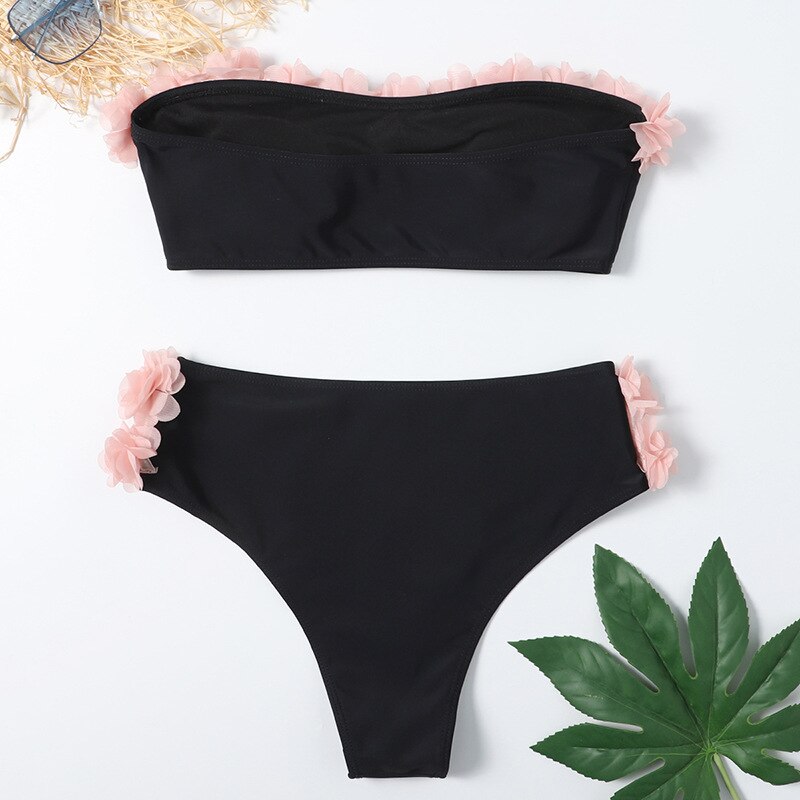 Woman Two Piece Strapless Bikini Swimsuit Solid Swimwear Sexy 3D Flowers Bikini Set High Waist Push up Biquini - Sabreeonline