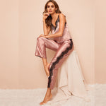 Two Pieces Satin Pajama Set V-Neck Pyjamas Cute Camisole Top and Pants Soft Sleepwear Hollow Out Lace Loungewear - Sabreeonline