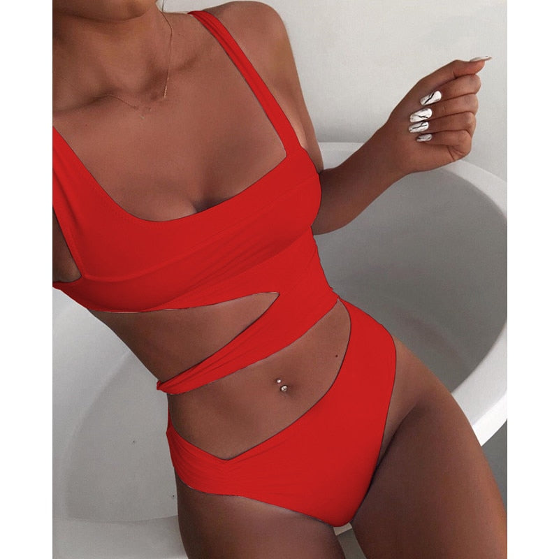 One Piece Solid Bandage Backless Bathing Suit