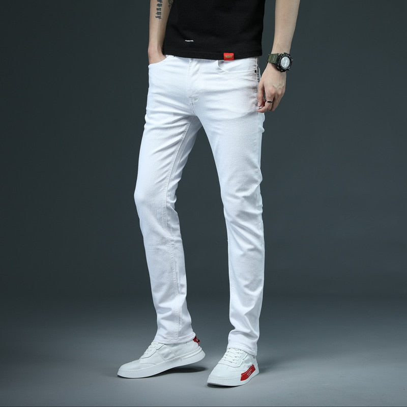2022 New Men&#39;s Skinny White Jeans Fashion Casual Elastic Cotton Slim Denim Pants Male Brand Clothing Black Gray Khaki - Sabreeonline