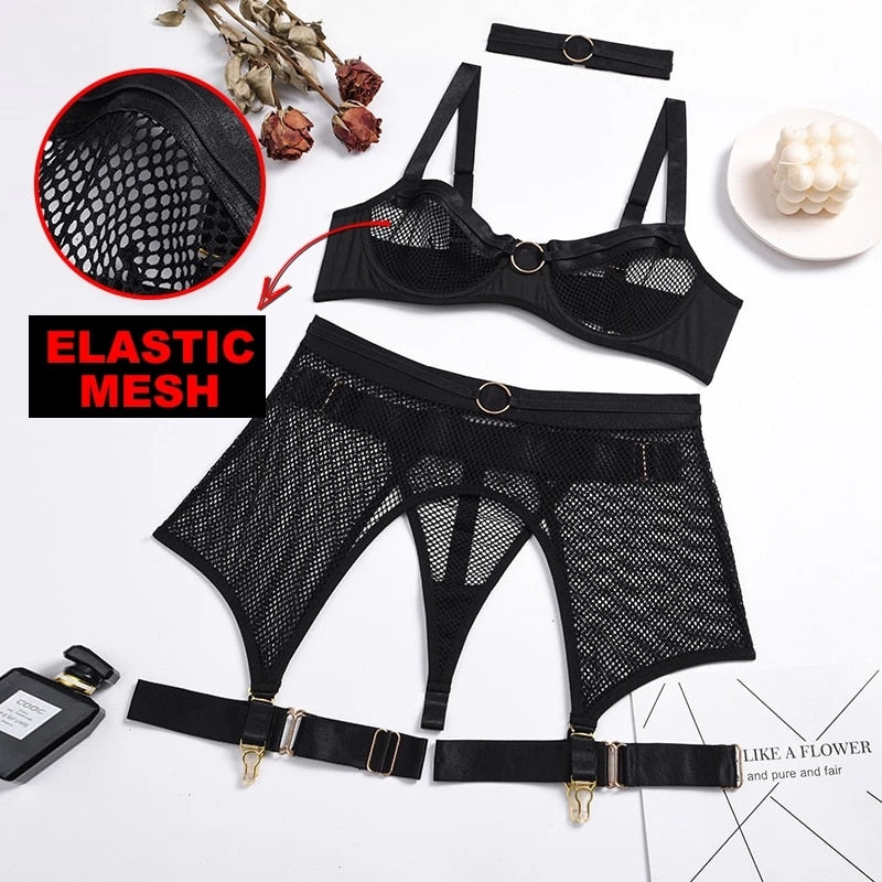 Four-Piece Set Lingerie Transparent Lace - Sabreeonline