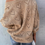 Winter Love Heart Hollow Crochet Sweater Loose V Neck Long Sleeve - Sabreeonline