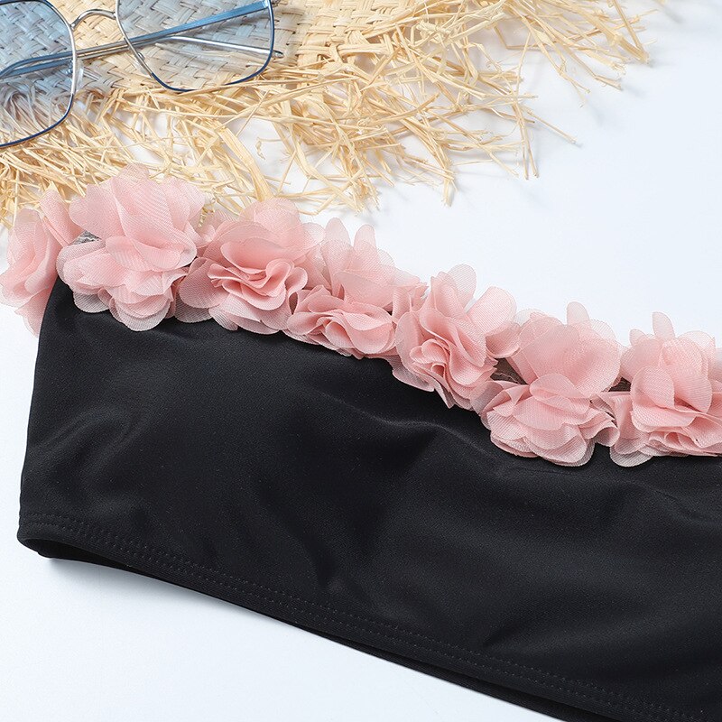 Woman Two Piece Strapless Bikini Swimsuit Solid Swimwear Sexy 3D Flowers Bikini Set High Waist Push up Biquini - Sabreeonline