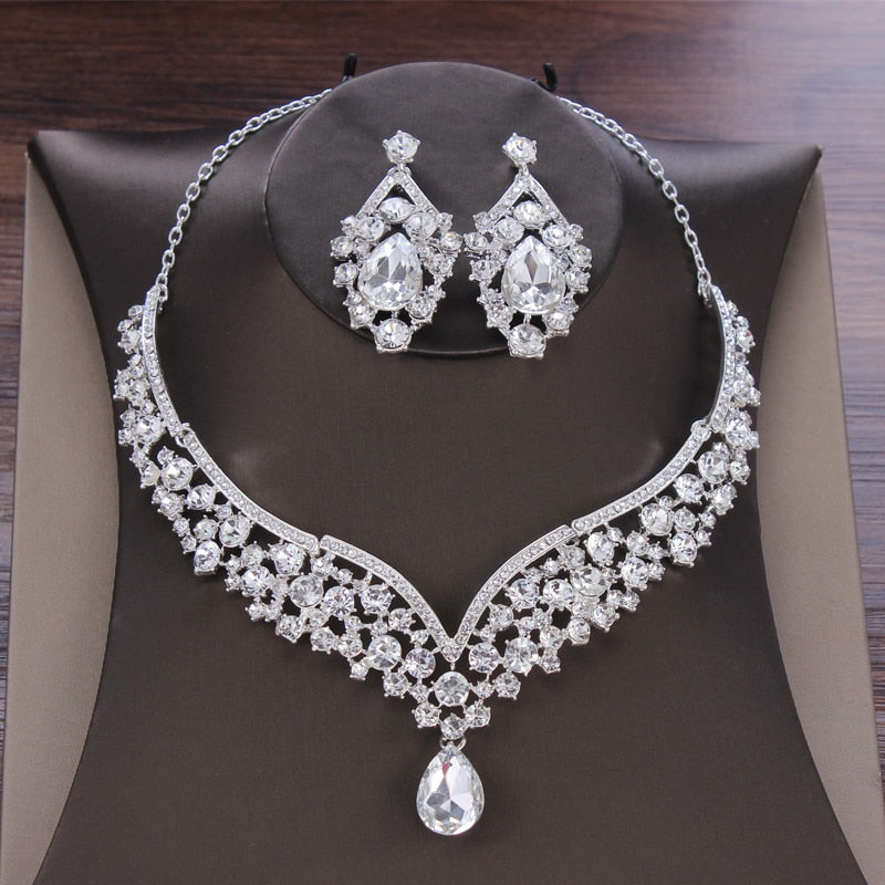 Baroque Crystal Water Drop Bridal Jewelry Sets Rhinestone Tiaras Crown Necklace Earrings for Bride Wedding Dubai Jewelry Set - Sabreeonline