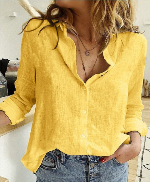 Leisure White Yellow Shirts Button Lapel Cardigan Top Lady Loose Long Sleeve Oversized Shirt Womens Blouses Casual Tunic Blusas - Sabreeonline