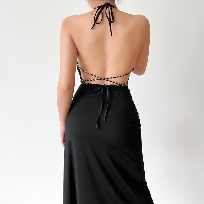 Instahot Slim-Waist Halter Dress with Chain - Sabreeonline