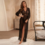 Black V-neck Lace up Lace Mesh Nightdress - Sabreeonline