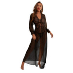 Black V-neck Lace up Lace Mesh Nightdress - Sabreeonline