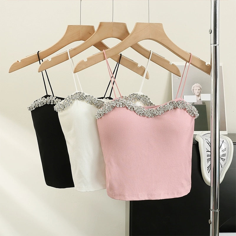 Summer Basic Crop Top Women Patched Fake Diamonds Padded Soft Velour Tanks Sleeveless Tee Top Camisole With Bra