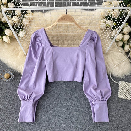 T686 Ins Short Tops Women 2021 Spring Autumn New Fashion Party Square Collar Slim Long Sleeve Shirt Solid Color Blouse - Sabreeonline