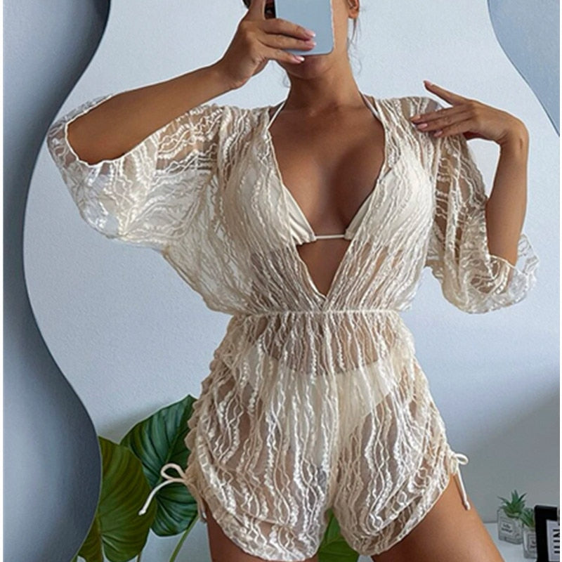 New White Lace Up Bikini High Waist Sexy Three Piece