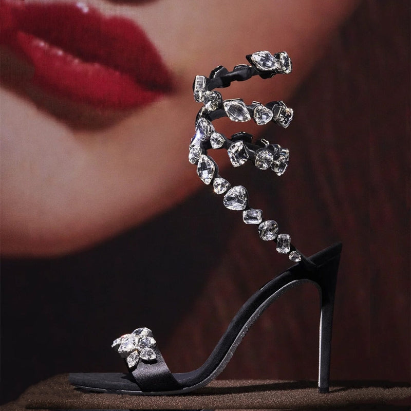 Crystal Ankle Wrap Strap Sandals Round Toe Shoes - Sabreeonline