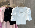 Tops Round Neck Puff Sleeve Chain Decoration T-shirts