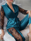 Women's Satin Pajamas Set Gorgeous Sleeve Top with Pant Contrast Lace Lounge Wear Hollow Out 2pcs Sleepwear - Sabreeonline