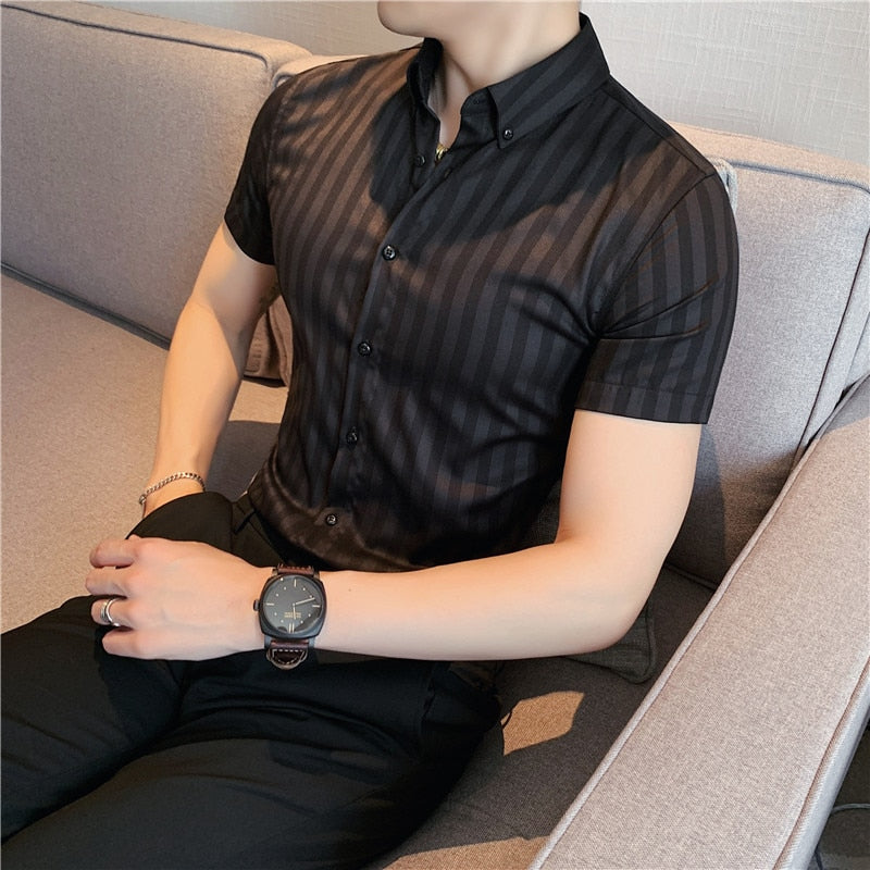 Vertical Stripe Slim Men Casual Long Sleeve Tuxedo Shirt - Sabreeonline